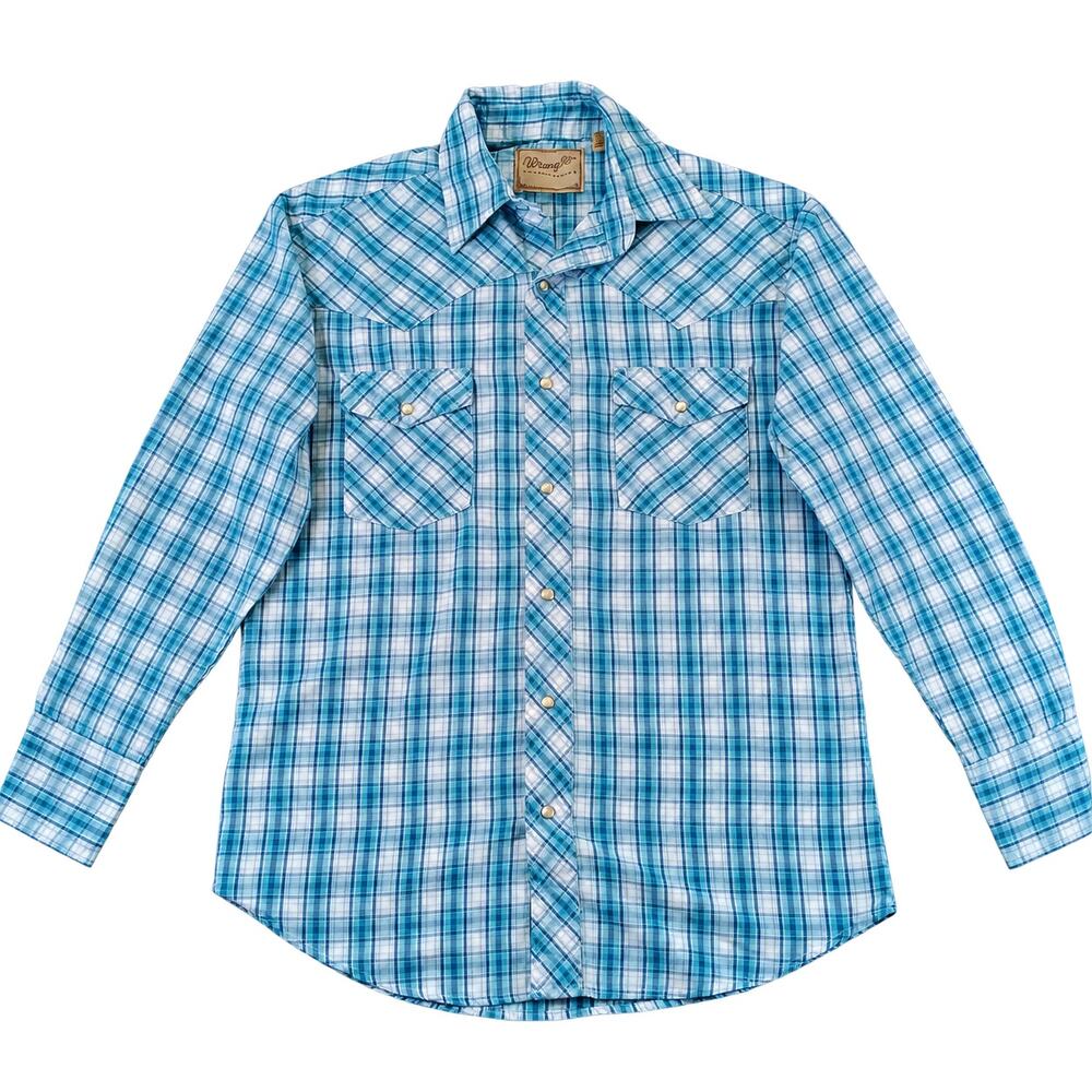 Wrangler Western Shirt Men’s M Turquoise White Plaid Pearl Snap Long Sleeve